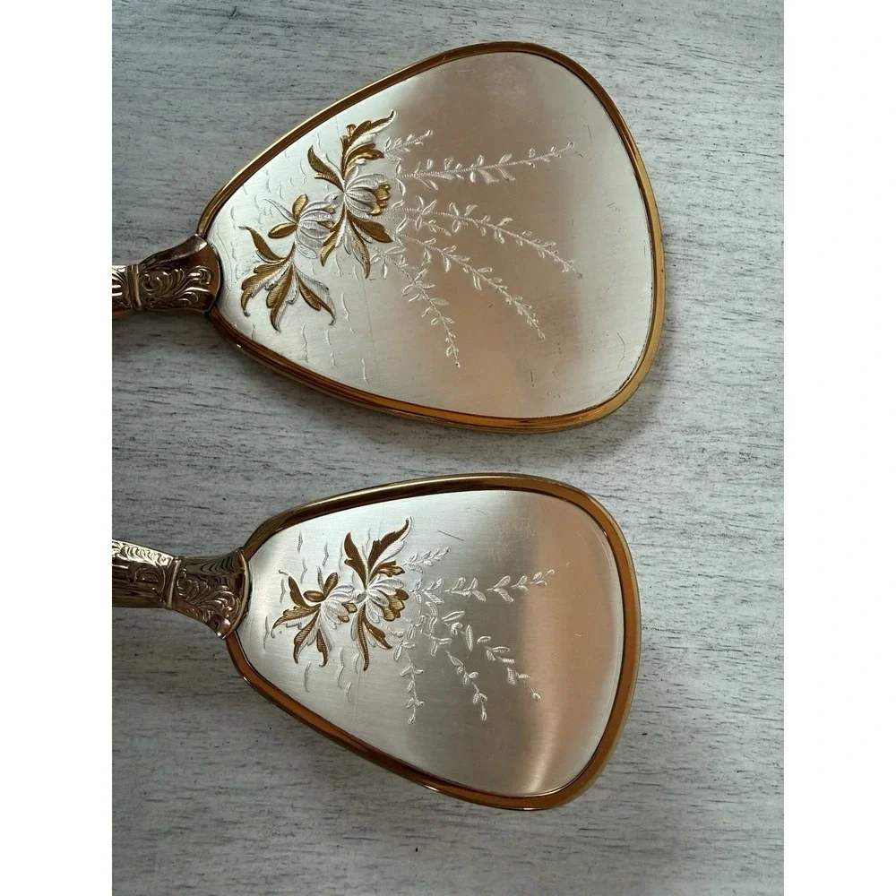 Vintage Gold Tone Hand Mirror & Brush Set Embossed Floral Fluted Handle Vanity